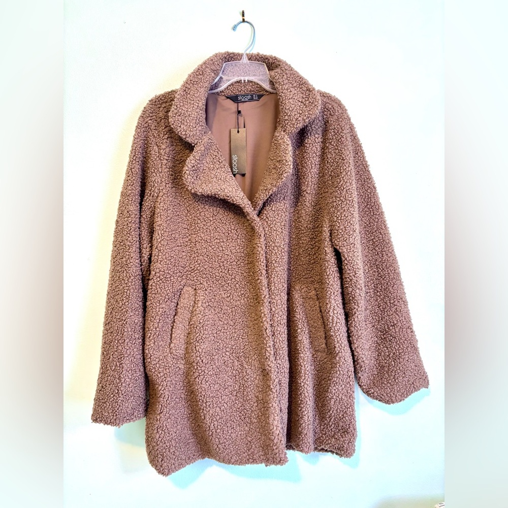 NWT Stoosh Teddy Coat Mocha Brown Sherpa Plush Jacket Size L